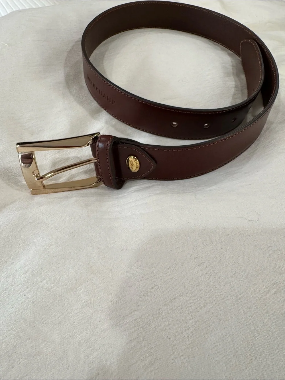 Longchamp Leather Men's Belt with Gold Buckle - Brown Small